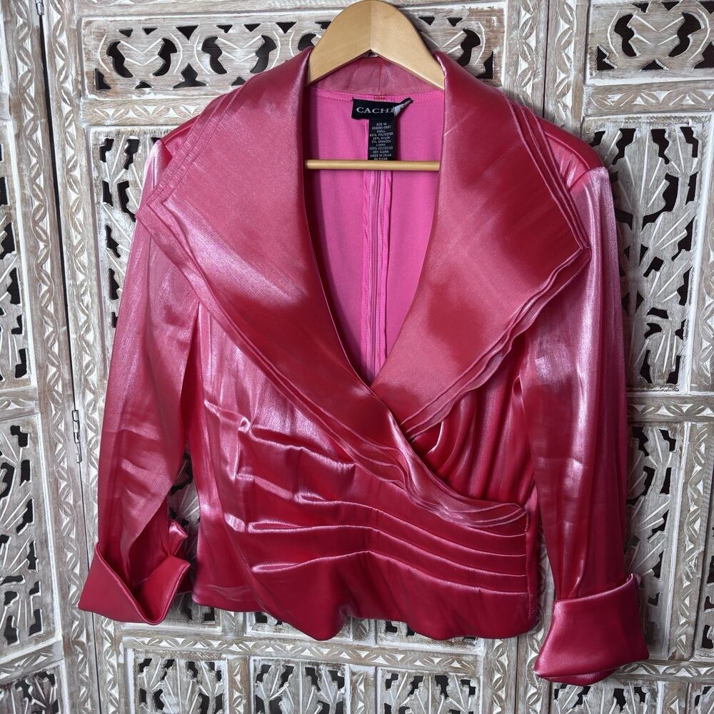 Vintage Cachet & Co Pink Satin Blouse Zip Up Back Faux Wrap V-Neck Top Size 14